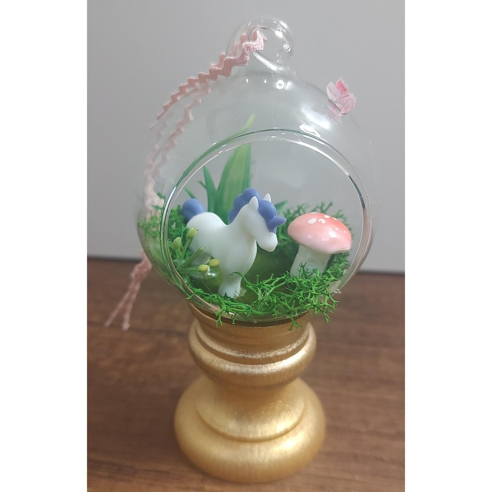 Unicorn Christmas Ornament Handmade Glass Diorama Horse Mushroom Fairy Garden